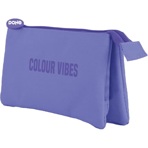DOHE - Dreifaches Federmäppchen für die Schule - 3 Fächer, Mehrzweck-Federmäppchen, Maße 23 x 12 x 2,5 cm, Reißverschluss, aus strapazierfähigem Polyester - Colour Vibes Lila von DOHE