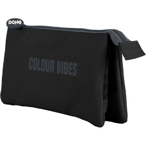 DOHE - Dreifaches Federmäppchen für die Schule - 3 Fächer, Mehrzweck-Federmäppchen, Maße 23 x 12 x 2,5 cm, Reißverschluss, aus strapazierfähigem Polyester - Colour Vibes Schwarz von DOHE