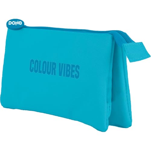 DOHE - Dreifaches Federmäppchen für die Schule - 3 Fächer, Mehrzweck-Federmäppchen, Maße 23 x 12 x 2,5 cm, Reißverschluss, aus strapazierfähigem Polyester - Colour Vibes Cyan von DOHE