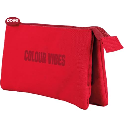 DOHE - Dreifaches Federmäppchen für die Schule - 3 Fächer, Mehrzweck-Federmäppchen, Maße 23 x 12 x 2,5 cm, Reißverschluss, aus strapazierfähigem Polyester - Colour Vibes Rot von DOHE