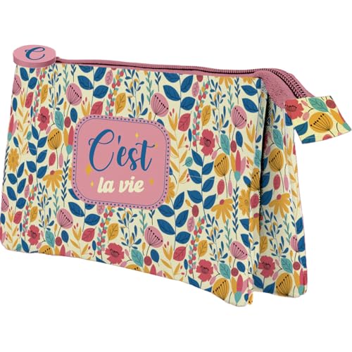 DOHE - Dreifaches Federmäppchen für die Schule - 3 Fächer, Mehrzweck-Federmäppchen, Maße 23 x 12 x 2,5 cm, Reißverschluss, aus strapazierfähigem Polyester - C' Est La Vie von DOHE