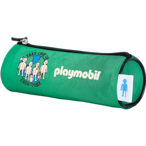 DOHE - Rundes Schulmäppchen - Reißverschluss, offiziell lizenziert, strapazierfähiges Polyester, 21x7,5x7,5 cm, Schulmaterial - Playmobil Green Future - Grün von DOHE