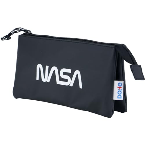 DOHE - Schulmäppchen 3 Fächer - Reißverschluss, offiziell lizenziert, strapazierfähiges Polyester, 23x12x2,5 cm, Schulmaterial - NASA Black - Schwarz von DOHE