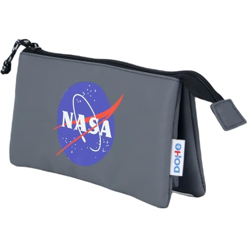 DOHE - Schulmäppchen 3 Fächer - Reißverschluss, offiziell lizenziert, strapazierfähiges Polyester, 23x12x2,5 cm, Schulmaterial - NASA Grey - Grau von DOHE