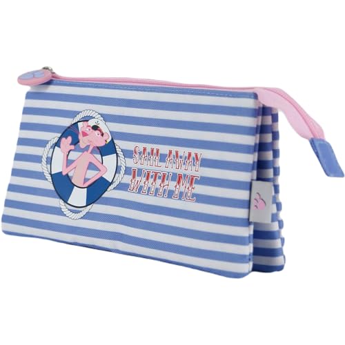 DOHE - Schulmäppchen 3 Fächer - Reißverschluss, offiziell lizenziert, strapazierfähiges Polyester, 23x12x2,5 cm, Schulmaterial - Pink Panther Sailing von DOHE