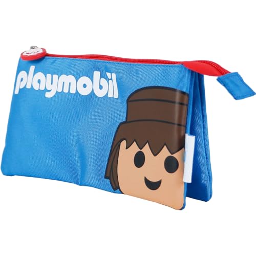 DOHE - Schulmäppchen 3 Fächer - Reißverschluss, offiziell lizenziert, strapazierfähiges Polyester, 23x12x2,5 cm, Schulmaterial - Playmobil Core - Blau von DOHE