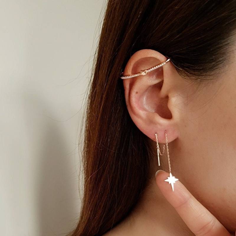 Minimaler Ohrkettenohrring, Threader Ohrring, Einfache Ohrkette, Kombinierbarer Bequemer 925Er Silber 14K Vergoldeter Handgefertigter Ohrring von DOHMANSTONE