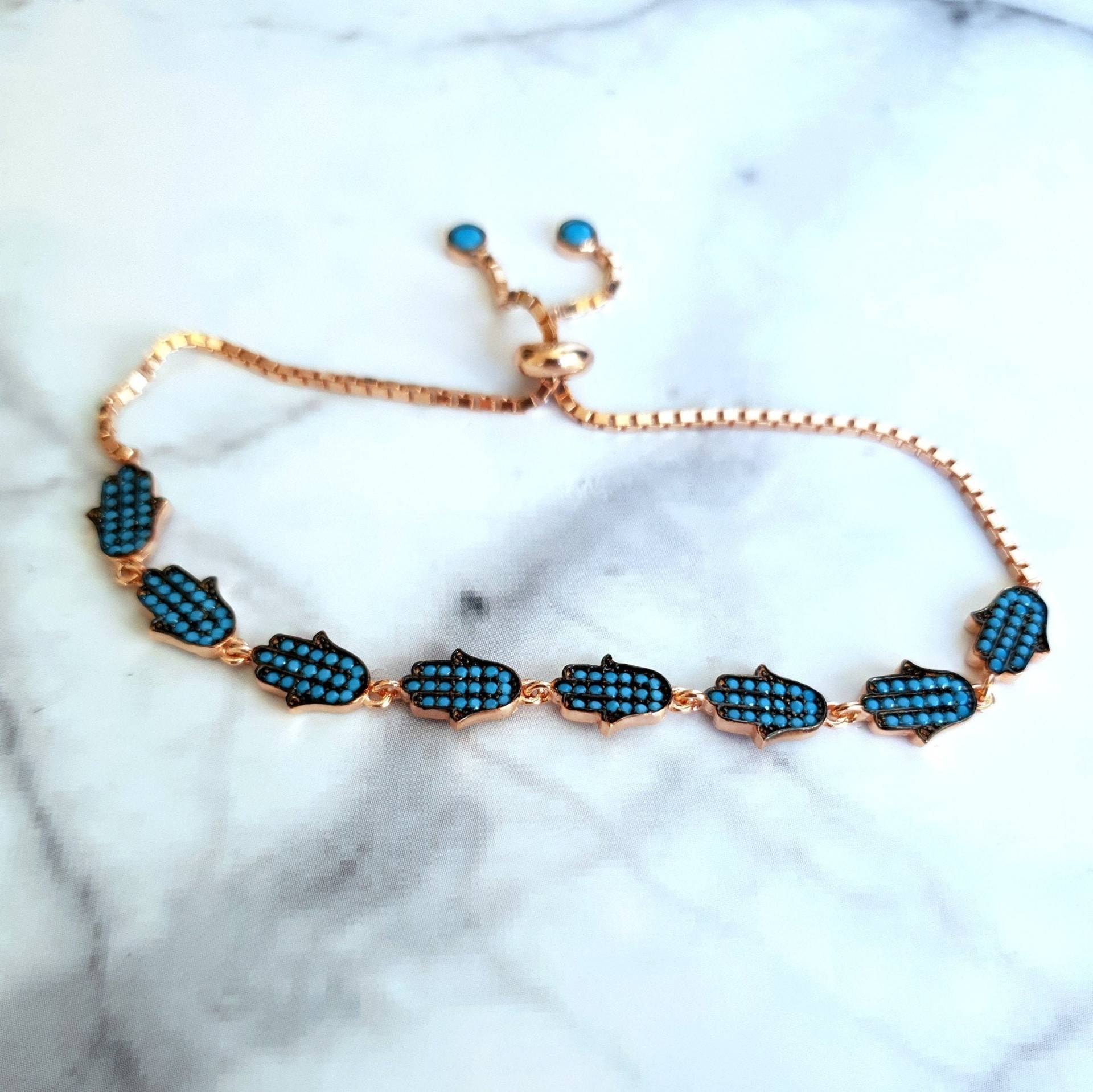 Türkis Fatima Hand Armband, Verstellbare Von Hamsa 925 Silber 14K Gold Vermeil Handgemachtes Schutzarmband von DOHMANSTONE