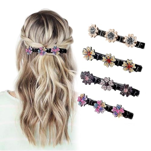 DOINEUFL 4 Stück Haarspangen mit Funkelnden Kristallsteinen, doppelschicht Kolibri Haarspangen Damen mit Kristallblume, Strass-Haarspange, Elegante hair clip, Haarklammer für Frauen Mädchen von DOINEUFL