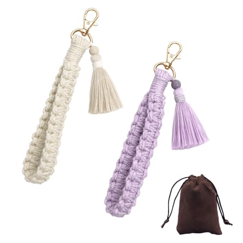 DOINEUFL Makramee Schlüsselanhänger Damen – 2er-Pack Handgemacht aus Baumwolle – Kurzes Schlüsselband & Handykette – Armband für Auto, Tasche, Handy – Geschenk für Frauen & Freundinnen (Weiß und Lila) von DOINEUFL