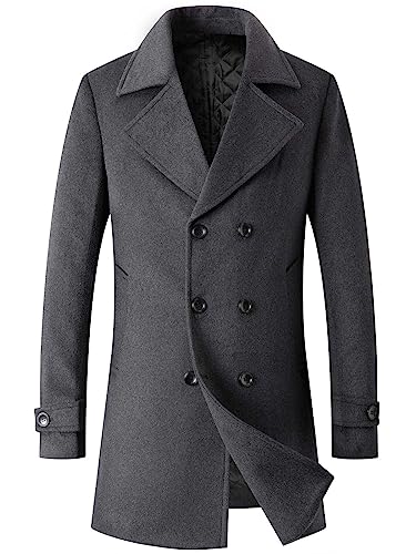 DOINLINE Herren Wintermantel Wollmischung Trenchcoat Casual Zweireiher Lange Erbse Topcoat, Grau, M von DOINLINE