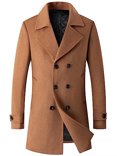 DOINLINE Herren Wintermantel Wollmischung Trenchcoat Casual Zweireiher Lange Erbse Topcoat, Khaki, M von DOINLINE