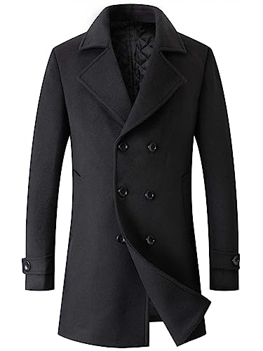 DOINLINE Herren Wintermantel Wollmischung Trenchcoat Casual Zweireiher Lange Erbse Topcoat, Schwarz, L von DOINLINE