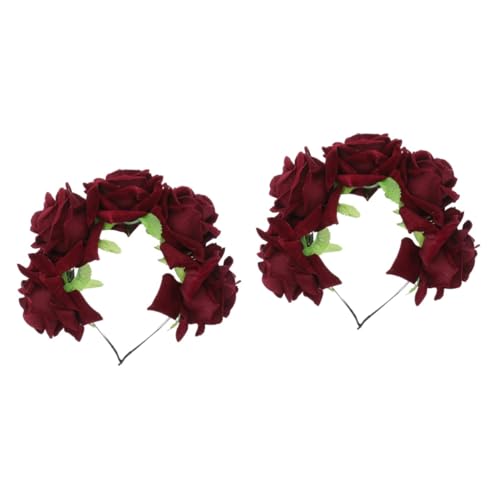 DOITOOL 2St haarschmuck Hochzeit Blumenhaarkrone Rose geblümt Brautkrone Halloween Stirnband Tiara Frauen Haarreifen floraler Haarreif die Blumen Kopfbedeckung künstliche Damen rot von DOITOOL