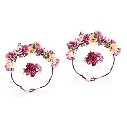 DOITOOL 2St uhrenarmbänder Blumengirlande mexikanische Kopfbedeckung Brautblumen-Haarband Stirnband Tiara Mädchen Kranz Kopfbedeckung Kranz Haarband Hochzeit Armband Rosen von DOITOOL