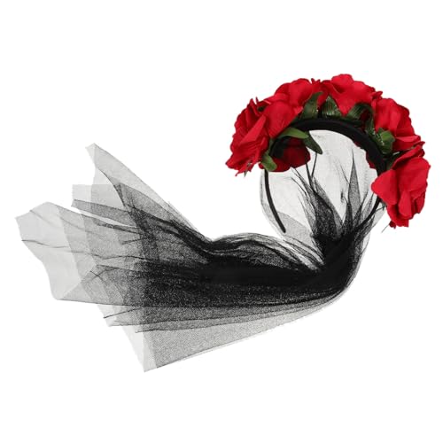 DOITOOL 3St Halloween Blumenstirnband Kostüm Kopfbedeckung Tag der Toten Haargummis Haarband Haarschmuck Stirnband aus Gaze Blumenmädchen Kleidung Schal Schleier Damen rot von DOITOOL