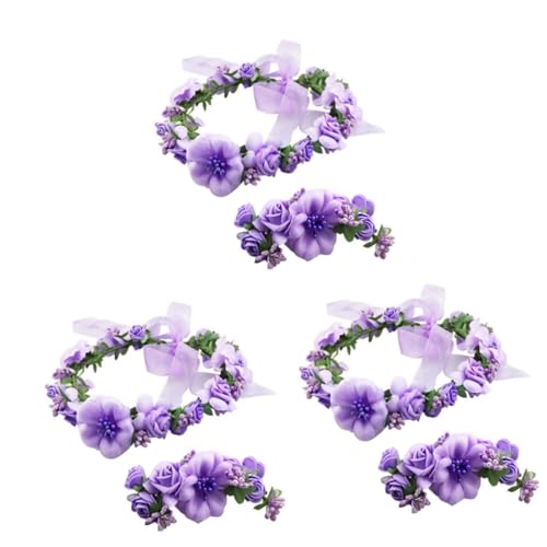 DOITOOL 6 Stk Hochzeits Armband Brautblum- Kopfbedeckung Hochzeitshaarband Braut Kopfbedeckung Brauthaarband uhrenarmbänder Blumen Stirnband einstellen Kranz Kind Violett von DOITOOL