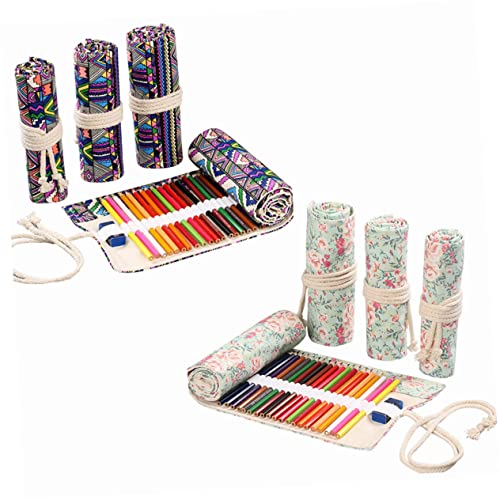 DOITOOL Großes Canvas Federmäppchen mit Floralem Muster Handgefertigte Stifterolle mit Fächern Gerollter Bleistift Organizer Tragbare Stiftaufbewahrung für Künstler und Schüler von DOITOOL