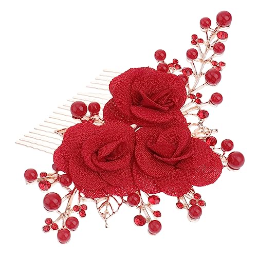 DOITOOL Haarnadeln Für Frauen Haarschmuck Hochzeitskopfschmuck Haarschmuck Mit Rosenblüten Haarschmuck Für Frauen Blumenclips Für Das Haar Seitliche Haarkämme Tiara Zubehör Rot Braut Perle von DOITOOL