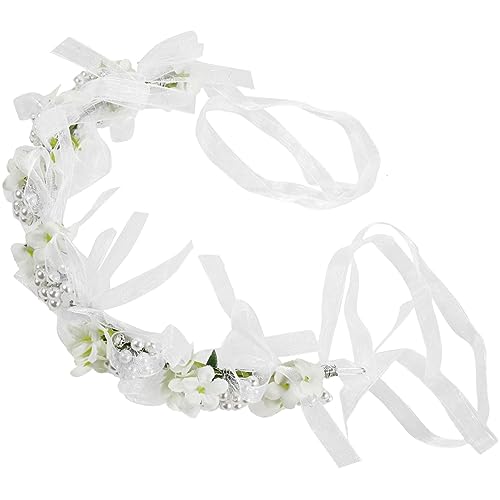 DOITOOL Tiara Für Kinder Blumenstirnband Blumenkopfschmuck Mit Band Hochzeit Haarschmuck Für Hochzeits-halo-stirnband Blumengirlandenkrone Perle Braut Kranz Legierung Weiß von DOITOOL