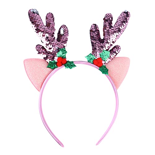 DOITOOL Haarschmuck Weihnachtsstirnband Hirsch-stirnband Rentierkostüm Für Erwachsene Weihnachtshaarschmuck Für Erwachsene Weihnachtskopfschmuck Pailletten Rosa Damen Stoff Geweih von DOITOOL