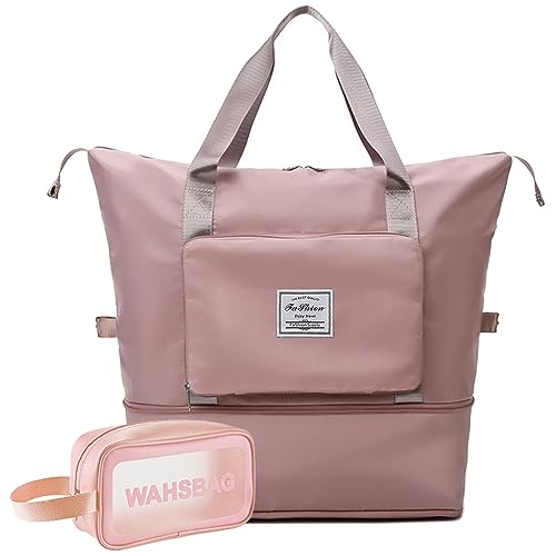 Reisetasche mit großer Kapazität, faltbare Reisetasche, erweiterbare Reisetasche, faltbare wasserdichte große Kapazität, Reise-Handtasche, Übernachtungstasche für Damen und Herren, Pink+Kulturbeutel, von DOJUNS