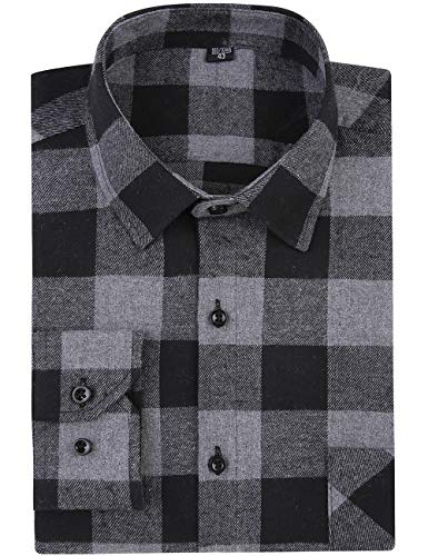 DOKKIA Herren Freizeitkleid Langarm Buffalo Plaid Kariert Fitted Flanellhemd, Grau Schwarz Buffalo, Groß von DOKKIA