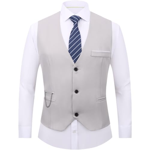 DOKKIA Herren Kleid Weste Anzugweste Formale Business Slim Fit V-Ausschnitt Ärmellos Smoking Jacke mit Kette, Hellgrau, X-Large von DOKKIA