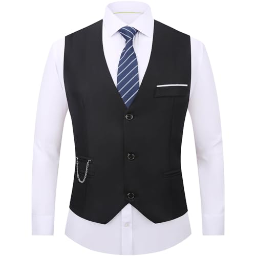 DOKKIA Herren Kleid Weste Anzugweste Formale Business Slim Fit V-Ausschnitt Ärmellos Smoking Jacke mit Kette, Schwarz, Medium von DOKKIA