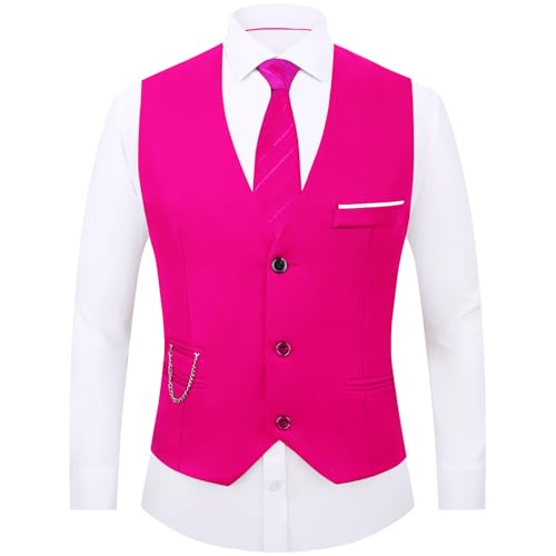 DOKKIA Herren Kleid Weste Anzugweste formelle Business Slim Fit V-Ausschnitt Ärmellose Smoking Jacke mit Kette, Knallpink (Hot Pink), Medium von DOKKIA
