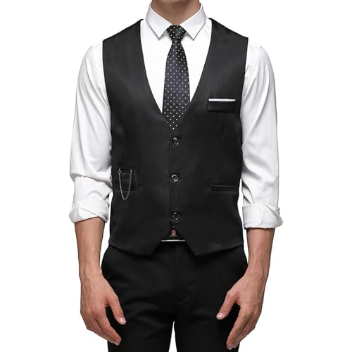 DOKKIA Herren Kleid Weste Anzugweste formelle Business Slim Fit V-Ausschnitt Ärmellose Smoking Jacke mit Kette, Schwarz, XXX-Large von DOKKIA