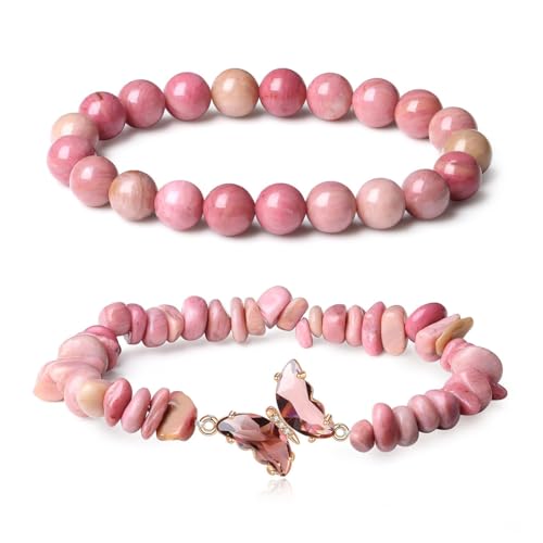 DOKRIN Armbänder für Damen,2 Stück Armband mit Schmetterlingsanhänger aus natürlichem rosa Kristall, elastisches Steinarmband mit runden Perlen und Kies von DOKRIN