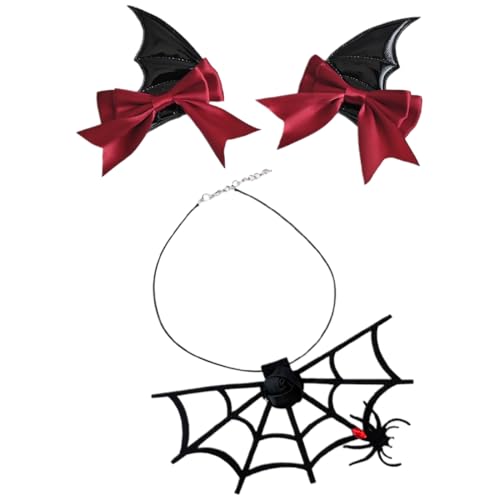 DOKRIN Hair Pins, 2 Stück Halloween-Haarspangen + 1 Stück Halloween-Halskette mit Spinnennetz Fledermaus-Haarspangen Damen-Halskette mit Spinnenanhänger Halloween-Cosplay-Kostümzubehör (schwarz) von DOKRIN