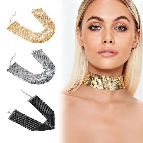 DOKRIN Ketten für Damen,3 Stück Punk-Halsband mit Schlüsselbeinkette und übertriebenen Pailletten, geeignet für Bankette DOKRIN Ketten für Damen,3 Stück Punk-Halsband mit Schlüsselbeinkette und übertriebenen Pailletten, geeignet für Bankette von DOKRIN