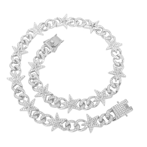 DOKRIN Ketten für Herren,Fünfzackiger Stern Volldiamant-Legierungshalskette für Männer 50cm Silber Hip-Hop Kubanische Kette von DOKRIN