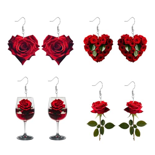 DOKRIN Ohrringe für Damen,4 Paar Acryl-Ohrhänger mit roten Rosen, perfekte Geschenke für Frauen und Mädchen von DOKRIN
