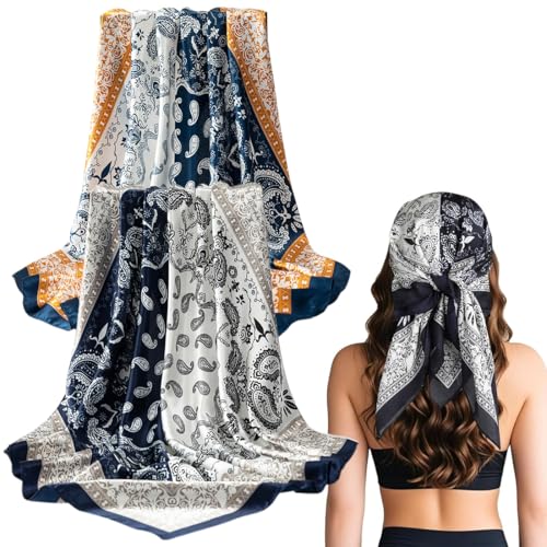 DOKRIN Schals für Damen,2 Stück 90 cm große quadratische Schals für Damen, Satin-Schals, Haarschmuck, quadratische Seidenschals, klassische Muster, Kopftücher, Strandtücher von DOKRIN