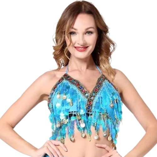DOKRIN Tanztops für Damen,Blauer Pailletten-BH, bunter BH, Bauchtanzkostüm, Schnür-BH, hängende Münze, Performance-Tanzkleid, Quastenoberteil von DOKRIN