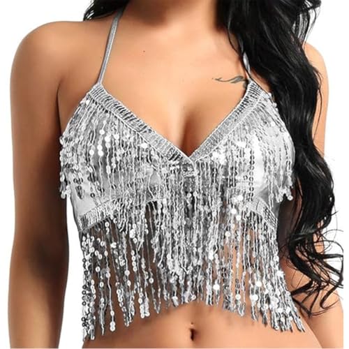 DOKRIN Tanztops für Damen,Silbernes Performance-Top, Bauchtanz-Pailletten-BH, Quasten-Top DOKRIN Tanztops für Damen,Silbernes Performance-Top, Bauchtanz-Pailletten-BH, Quasten-Top von DOKRIN
