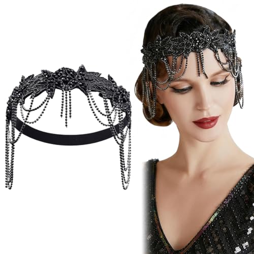 DOKRIN Women's Bands, 1 Stück schwarzes Diamant-Stirnband Vintage-Haarschmuck für Damen Stirnschmuck mit Perlenquaste geeignet für Braut Party Halloween DOKRIN Women's Bands, 1 Stück schwarzes Diamant-Stirnband Vintage-Haarschmuck für Damen Stirnschmuck mit Perlenquaste geeignet für Braut Party Halloween von DOKRIN