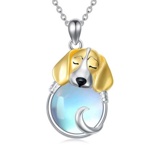 DOLPHERS Hunde-Halskette aus 925er Sterlingsilber für Damen, Mondstein-Hündchen-Anhänger, Schmuck, Gedenkgeschenke für Hundeliebhaber(Beagle) von DOLPHERS