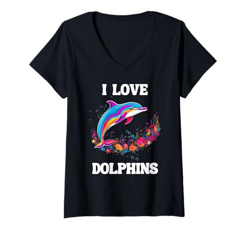 Damen I LOVE DOLPHINS BUNTER DELPHIN T-Shirt mit V-Ausschnitt Damen I LOVE DOLPHINS BUNTER DELPHIN T-Shirt mit V-Ausschnitt von DOLPHIN I LOVE DOLPHINS SWIMMING COLOURFUL