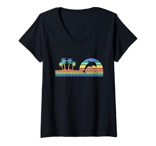 Damen Niedliche, Bunte Retro-Sonnenuntergangspalmenbäume, Delfinliebhaber, Strand T-Shirt mit V-Ausschnitt von DOLPHIN LOVER RETRO SUNSET BEACH VACATION GIFTS
