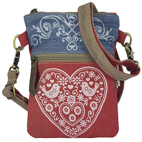 Domelo Trachtentasche. kleine Nachhaltige Umhängetasche aus Recycelte Jeans. Crossbody Bag mit Herz Trachten Motiv. Rote Damen Tassche für Oktoberfest von Domelo