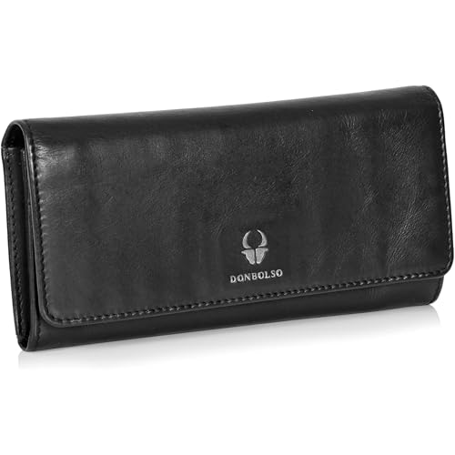 DONBOLSO Geldbörse Damen Florenz - Portemonnaie Damen Leder - RFID-Schutz - gewaschenes Echtleder - 10x20 cm - 15 Kartenfächer - Münzfach - YKK-Reißverschluss - Vintage Design - Schwarz von DONBOLSO