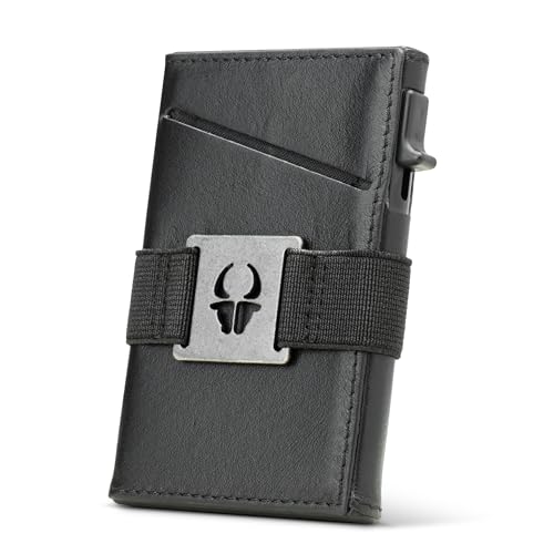 DONBOLSO Slim Wallet Las Vegas I Minimalistisches Kartenetui I Kompaktes Herren Portemonnaie aus Leder I RFI Schutz I Push Up Kartenhalter mit Vordertasche für Cash & Scheine Riemen - Nappa SchwarzDon von DONBOLSO