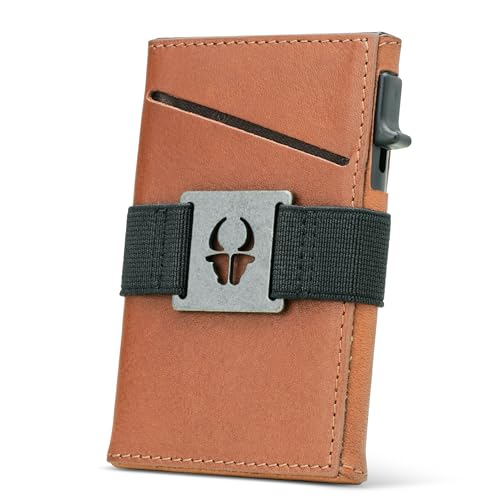 DONBOLSO Slim Wallet Las Vegas I Minimalistisches Kartenetui I Kompaktes Herren Portemonnaie aus Leder I RFI Schutz I Push Up Kartenhalter mit Vordertasche für Cash & Scheine Riemen - Nappa Braun von DONBOLSO