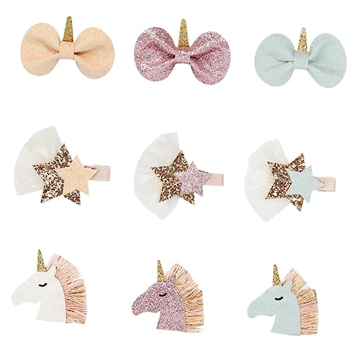 DONFAMDS 9 Stück Einhorn Haarspangen Für Mädchen Bunte Schleifen Sterne Glitzernde Kinder Haarnadeln Für Partys Langlebiges Zubehör Für Geburtstagsfeiern Für Halloween Und von DONFAMDS