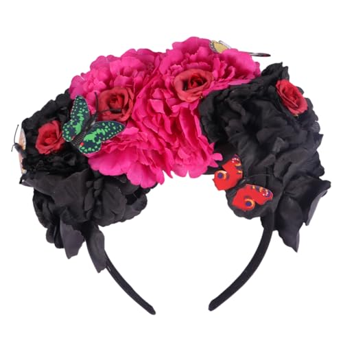 DONFAMDS Blumenkrone Stirnband mit Schmetterling Blumen Party Haarreif Damenfest Hochzeitskopfschmuck in Rot Schwarz für Frauen Mädchen von DONFAMDS