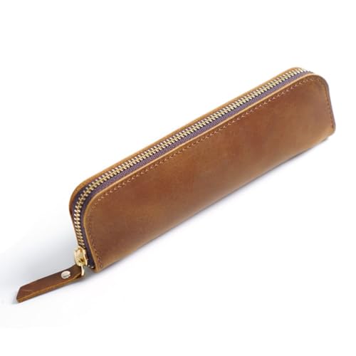 DONGKER Leder Federmappe, Vintage Federmäppchen, Stifte-Etui, Retro Stiftemäppchen mit 4 Stift-Schlaufen und Reißverschluss für Kugelschreiber, Füller, Pinsel etc. von DONGKER